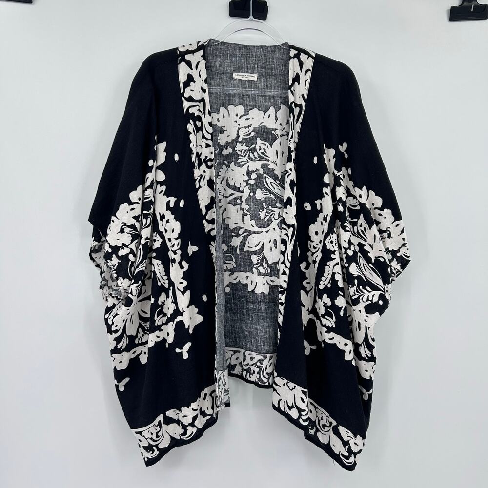 Christian Siriano Black & Ivory Floral Linen Blend Kimono Cardigan Womens Sz OS - Picture 3 of 12